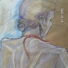Woman in red dress, back view, 2004, pastel on brown paper